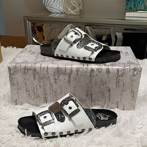 New Fergalicious Louie White and Silver Western Style Buckle Sandals